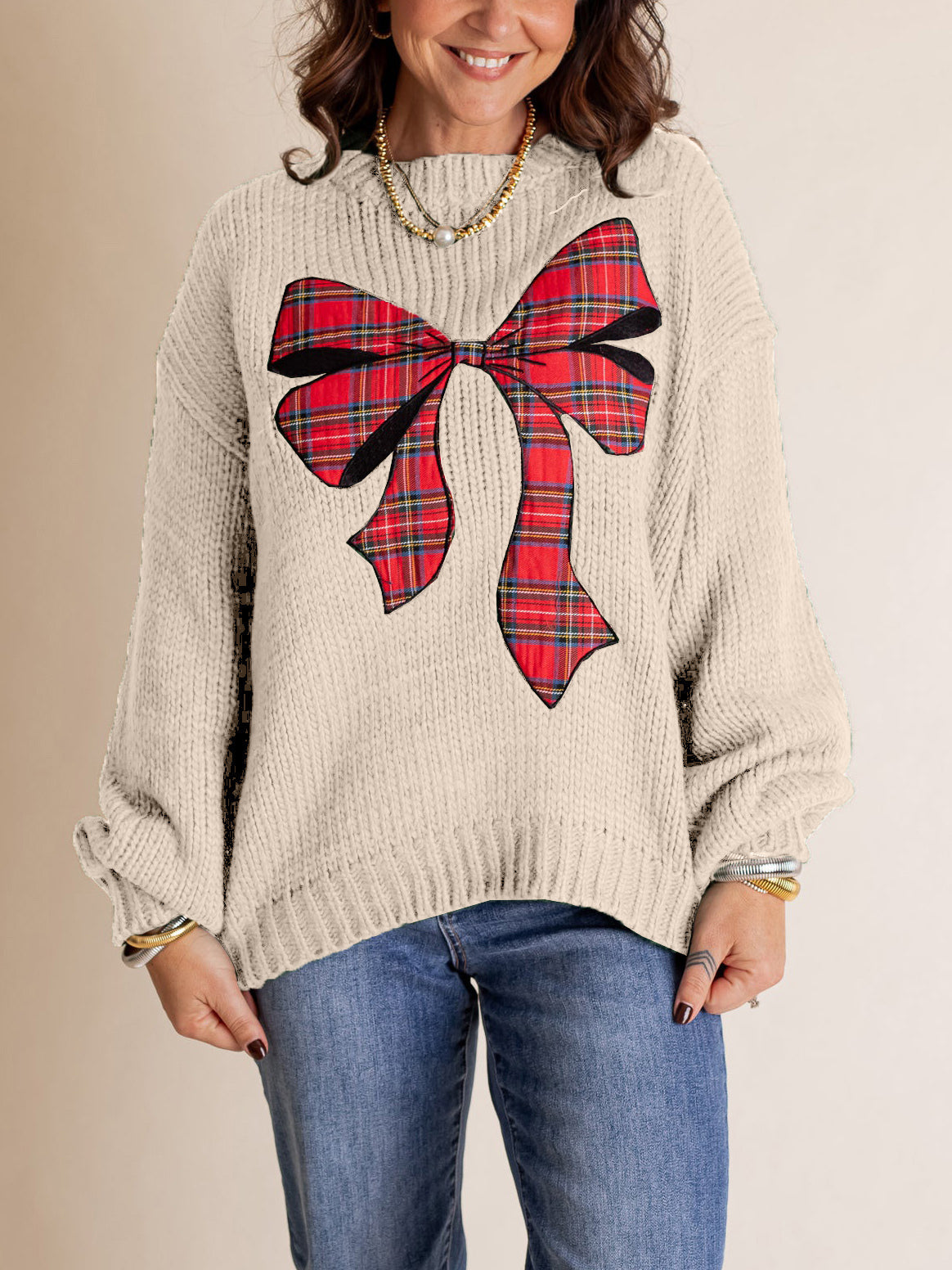 STELLA | Women's Plaid Bow Sweater