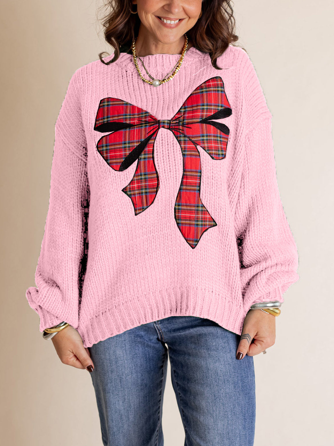 STELLA | Women's Plaid Bow Sweater