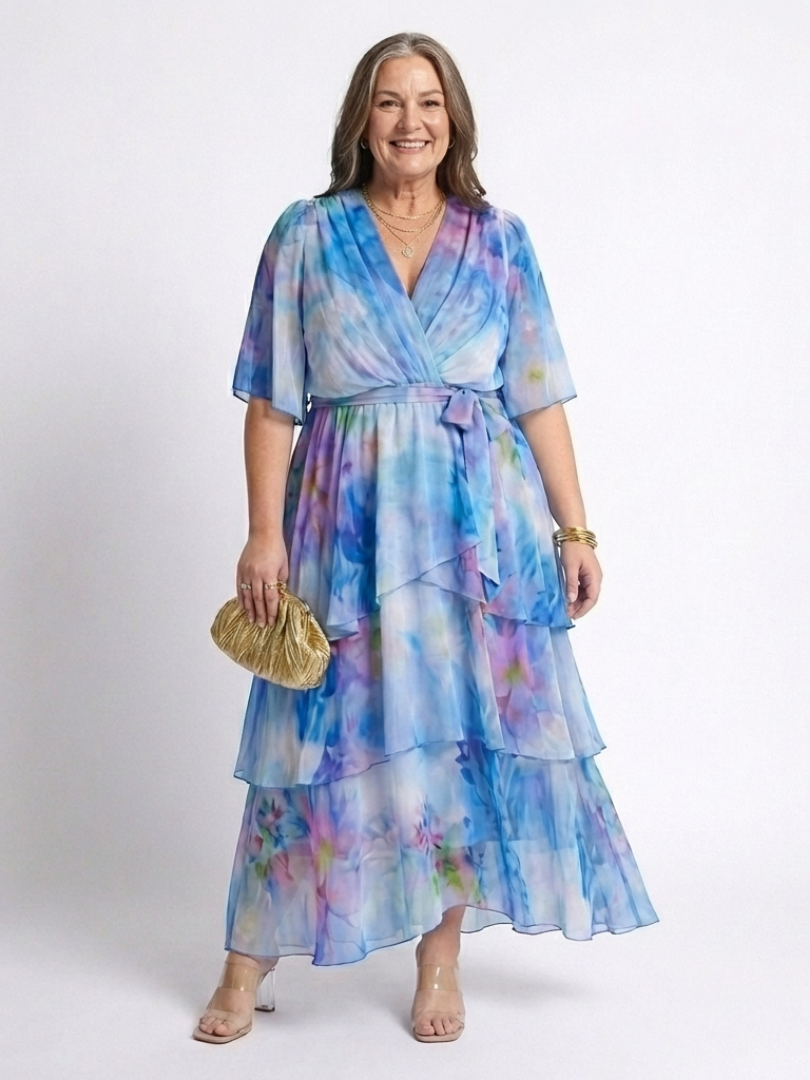 Calista | Sheer Layered V Neck Tie Waist Maxi Dress