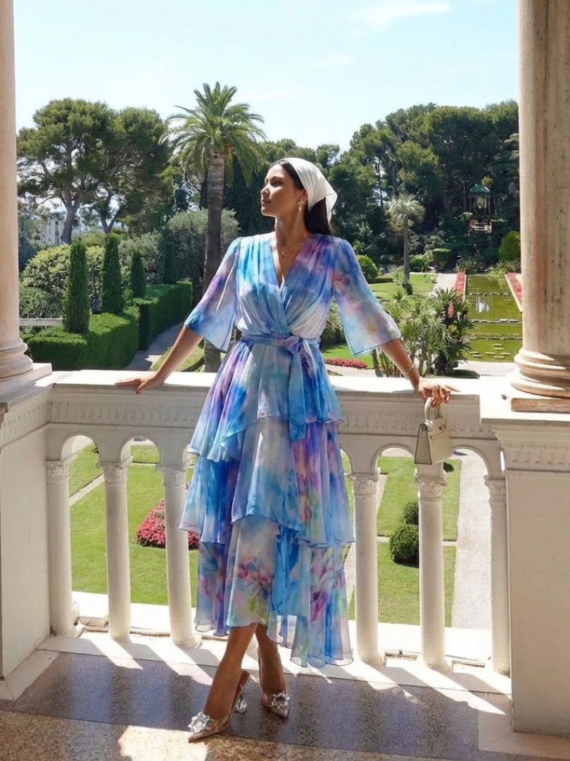 Calista | Sheer Layered V Neck Tie Waist Maxi Dress