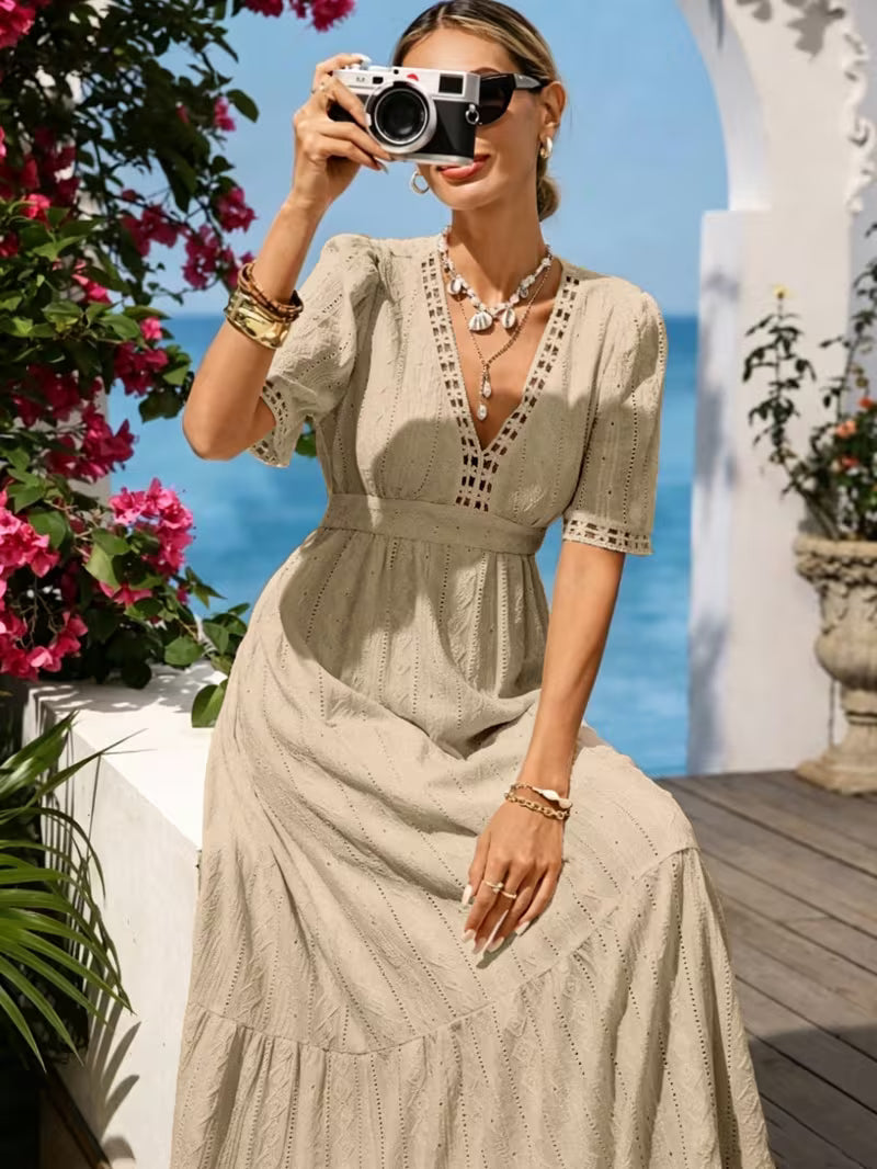 Isla™ Elegant Lace Trim Maxi Dress