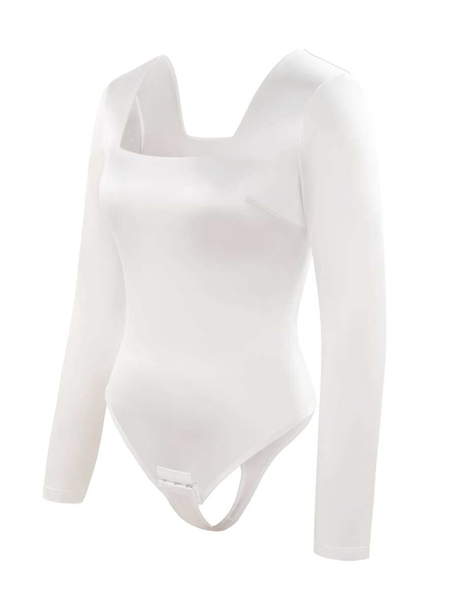 Long-Sleeve Square-Neck Thong Bodysuit