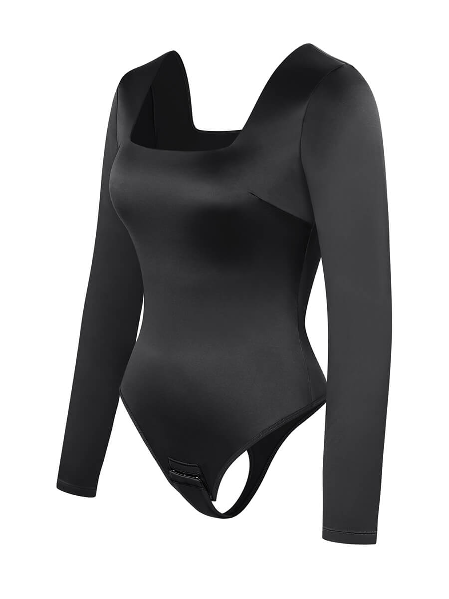 Long-Sleeve Square-Neck Thong Bodysuit