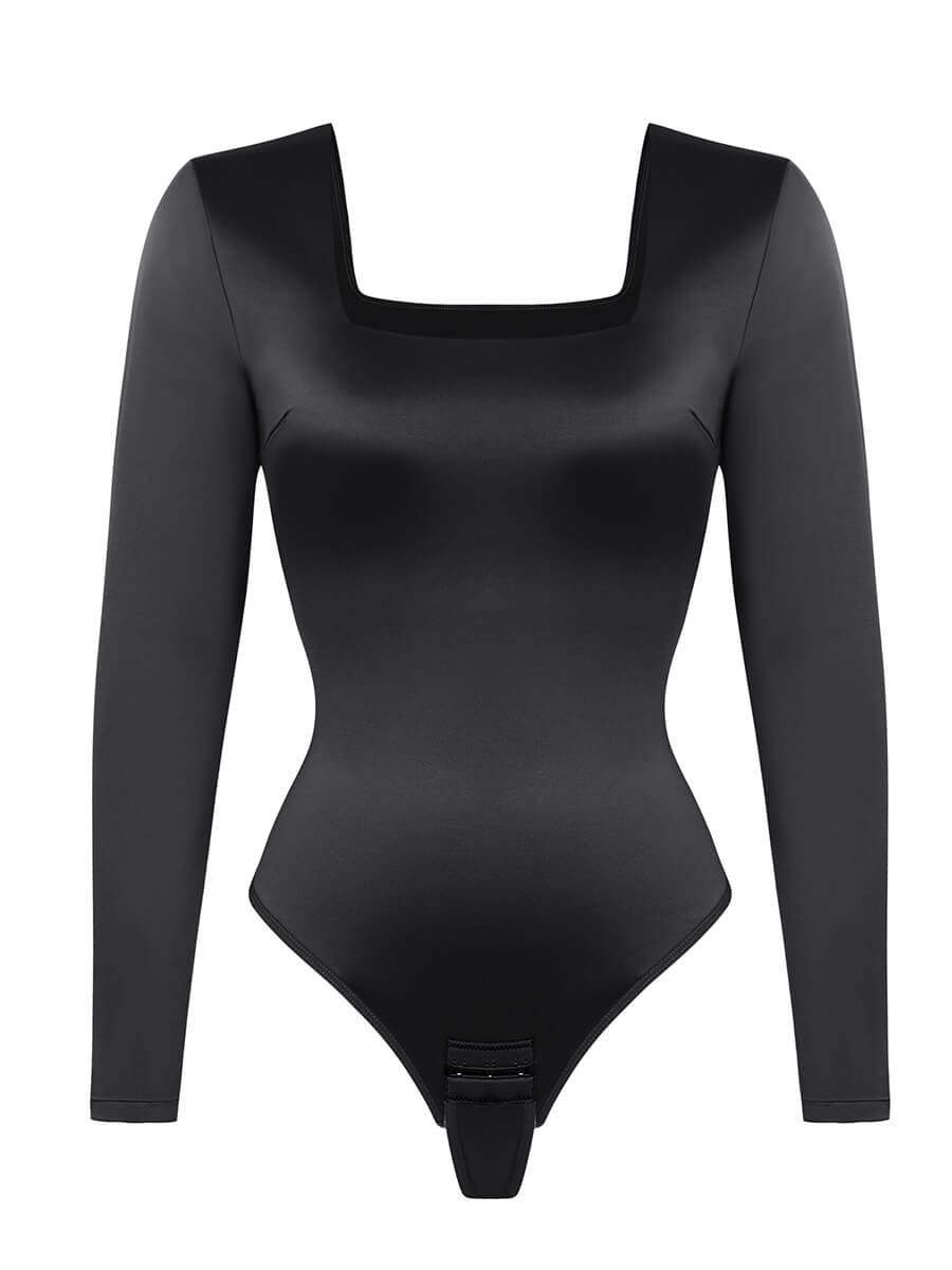 Long-Sleeve Square-Neck Thong Bodysuit
