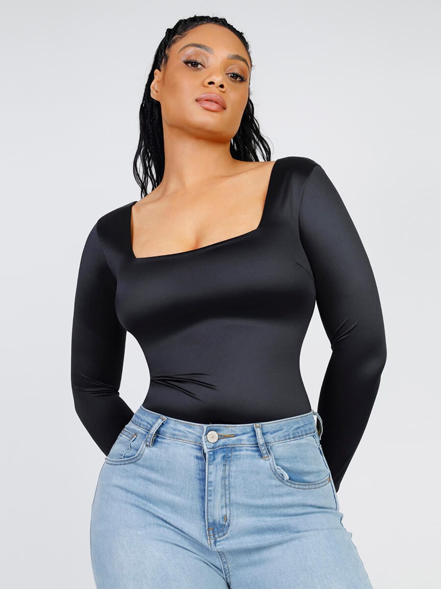 Long-Sleeve Square-Neck Thong Bodysuit