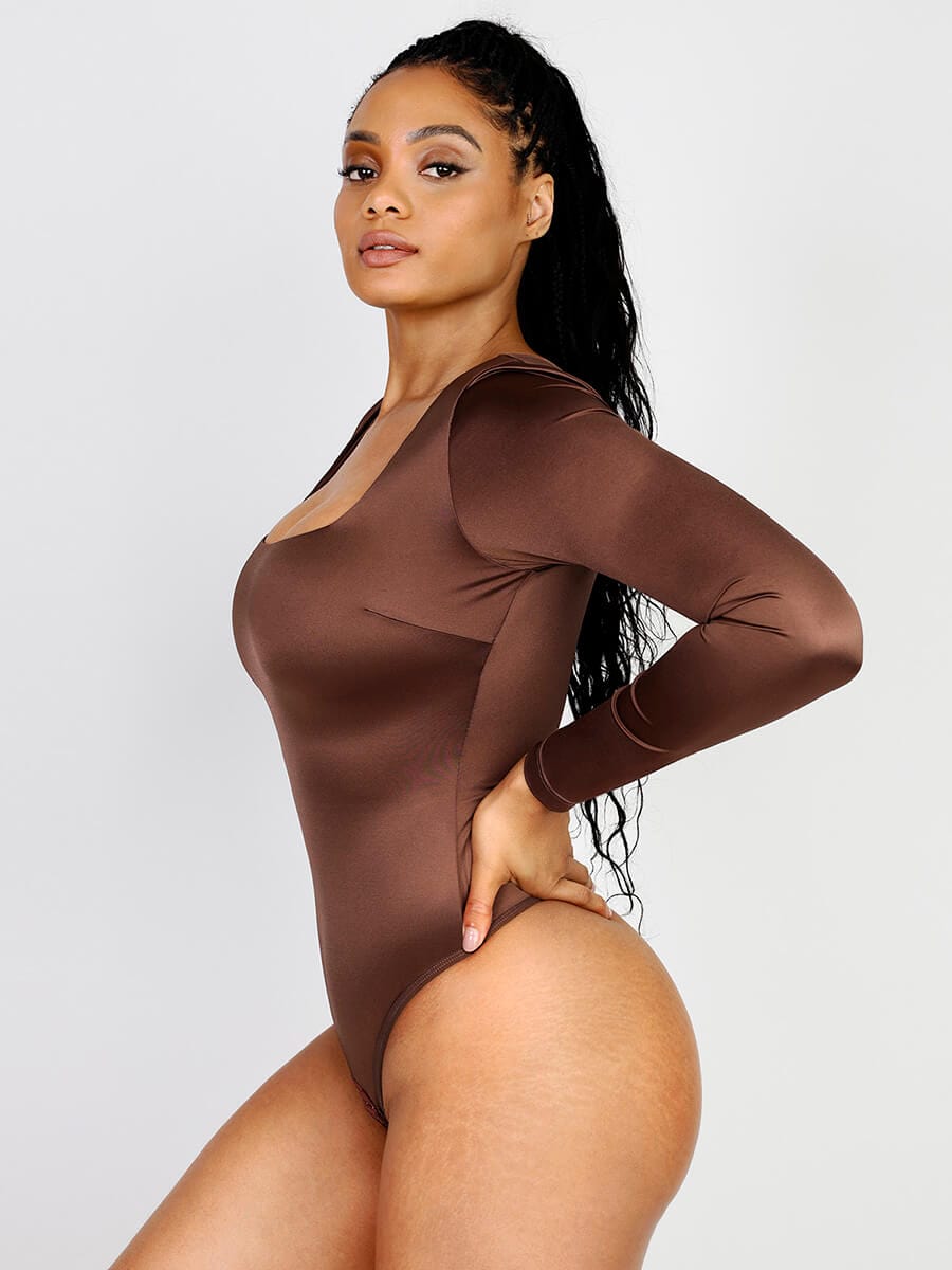 Long-Sleeve Square-Neck Thong Bodysuit