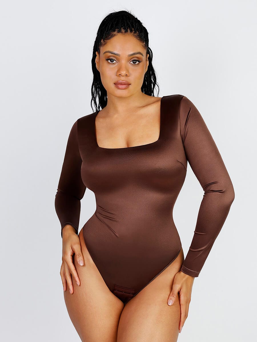 Long-Sleeve Square-Neck Thong Bodysuit