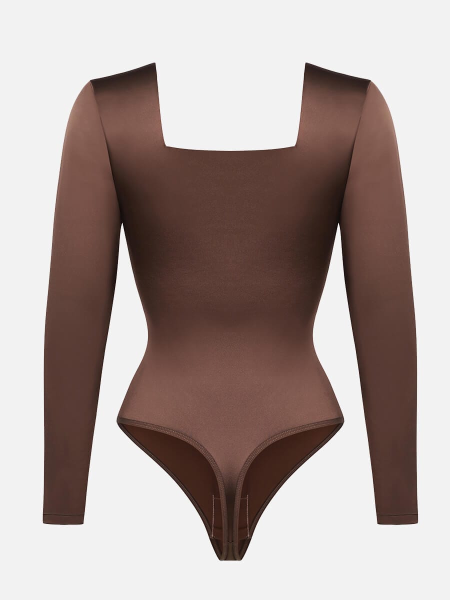 Long-Sleeve Square-Neck Thong Bodysuit