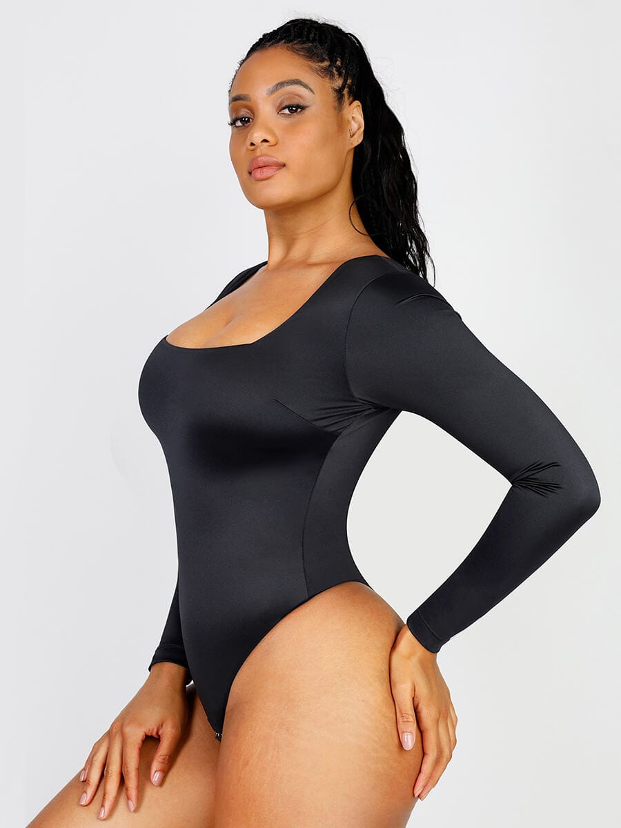 Long-Sleeve Square-Neck Thong Bodysuit
