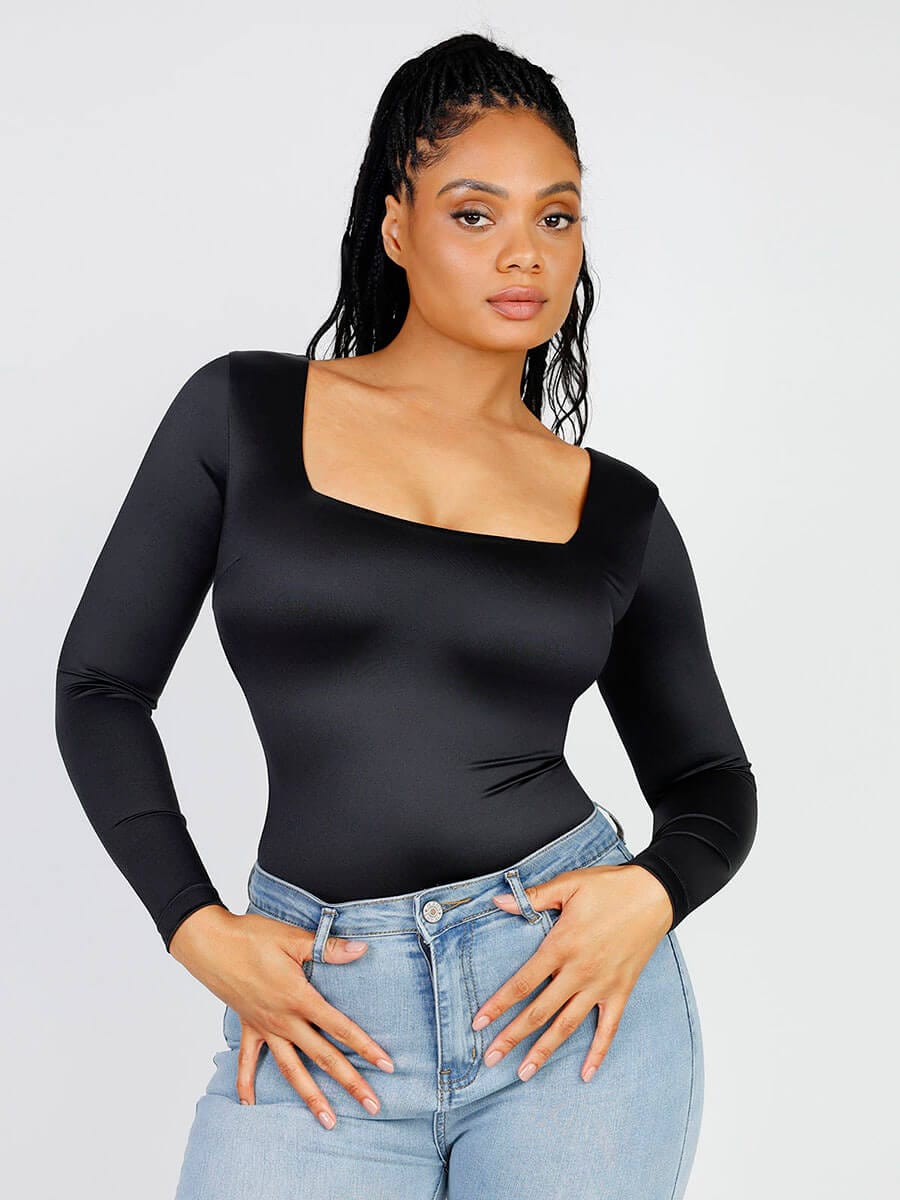 Long-Sleeve Square-Neck Thong Bodysuit