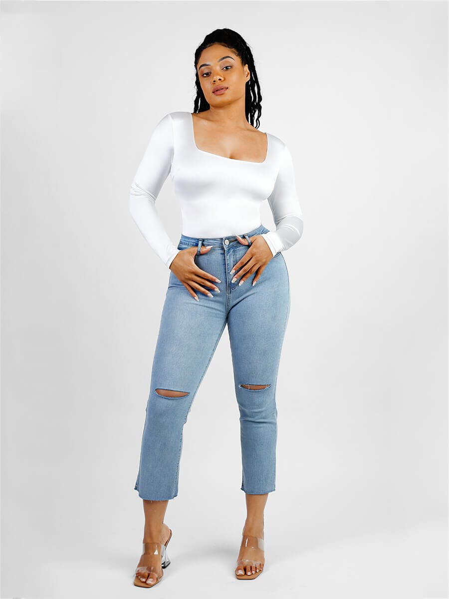 Long-Sleeve Square-Neck Thong Bodysuit