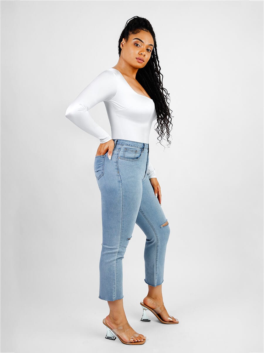 Long-Sleeve Square-Neck Thong Bodysuit