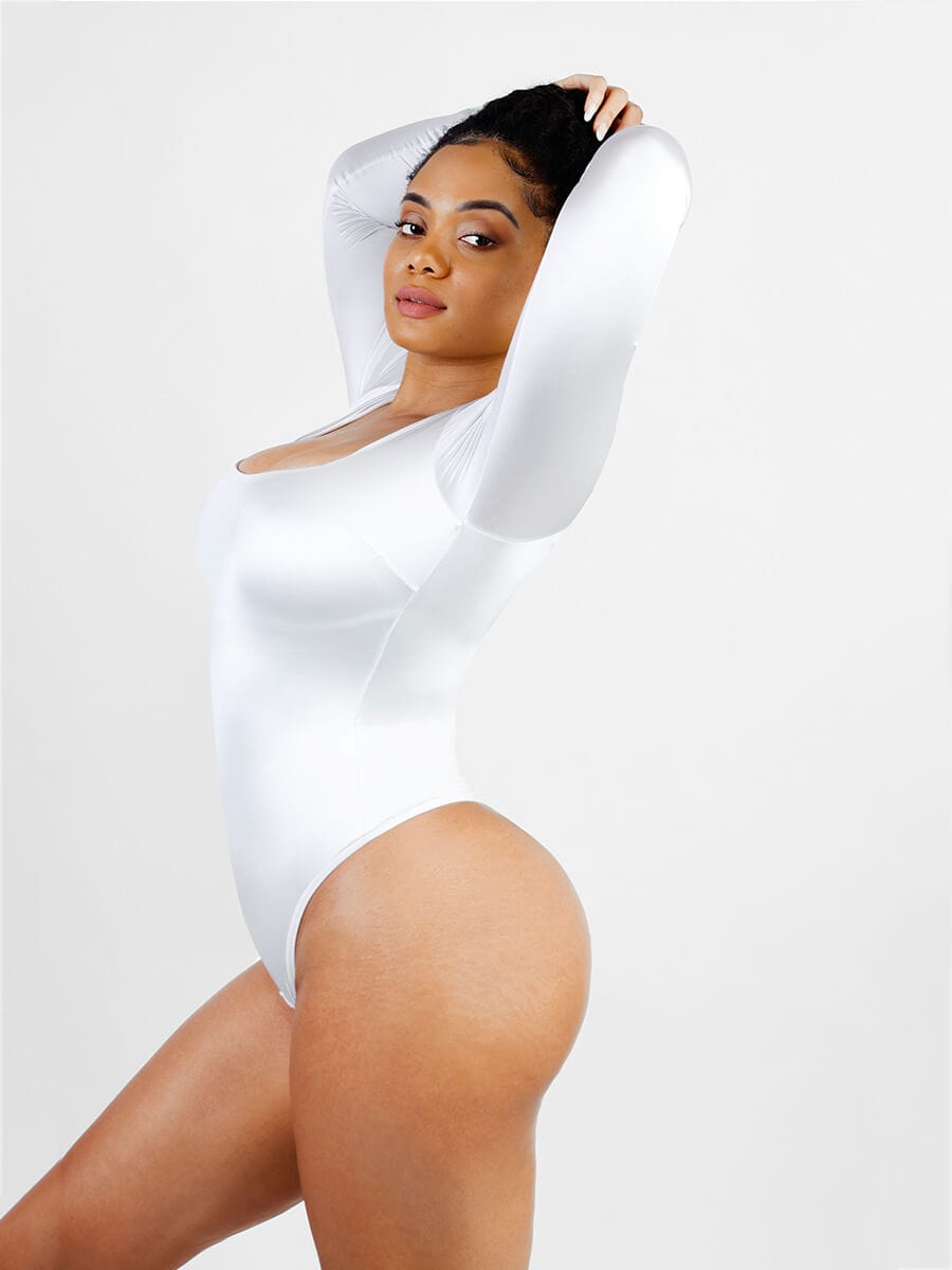 Long-Sleeve Square-Neck Thong Bodysuit