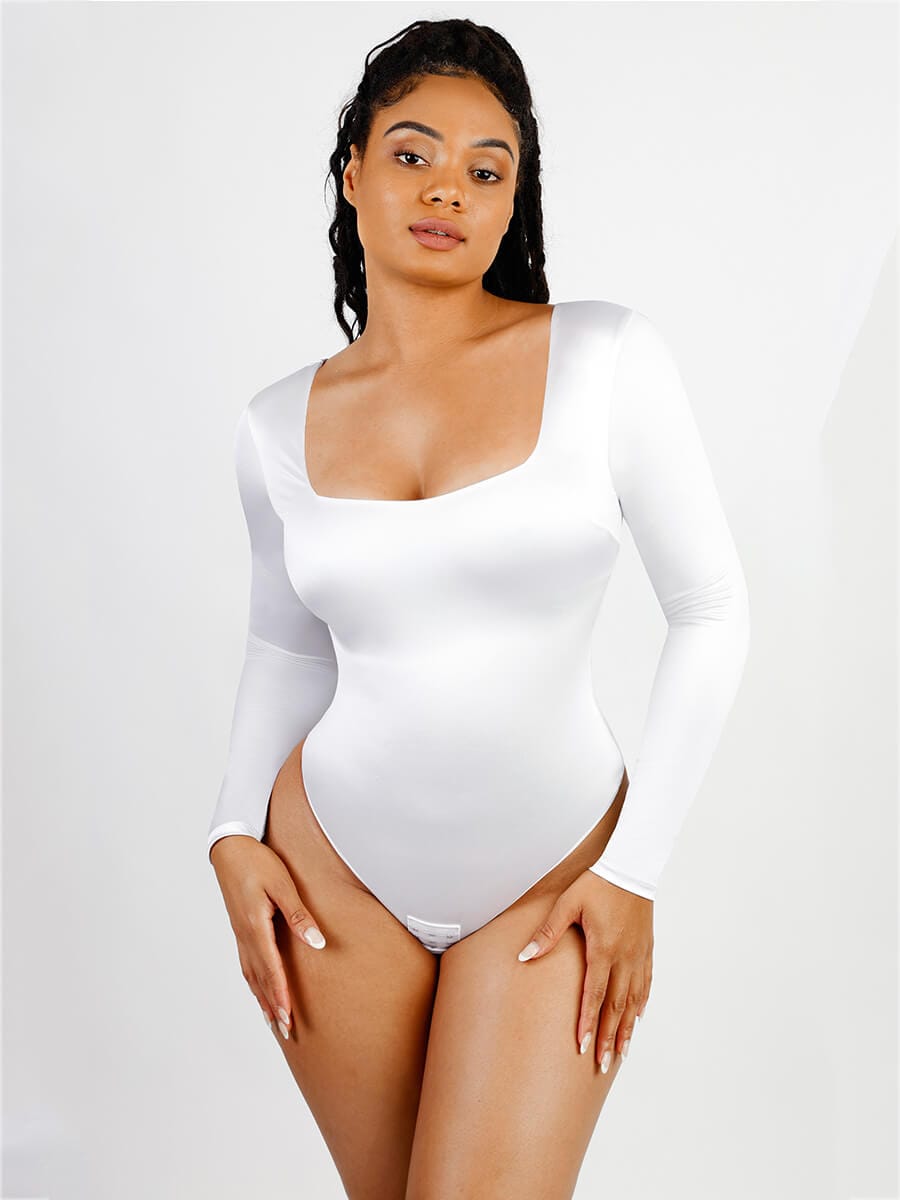 Long-Sleeve Square-Neck Thong Bodysuit