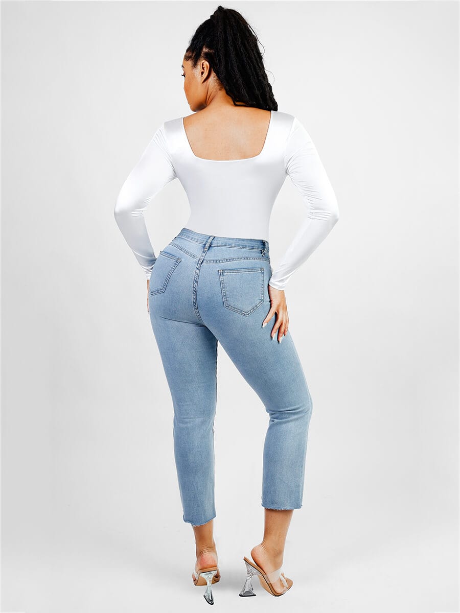 Long-Sleeve Square-Neck Thong Bodysuit